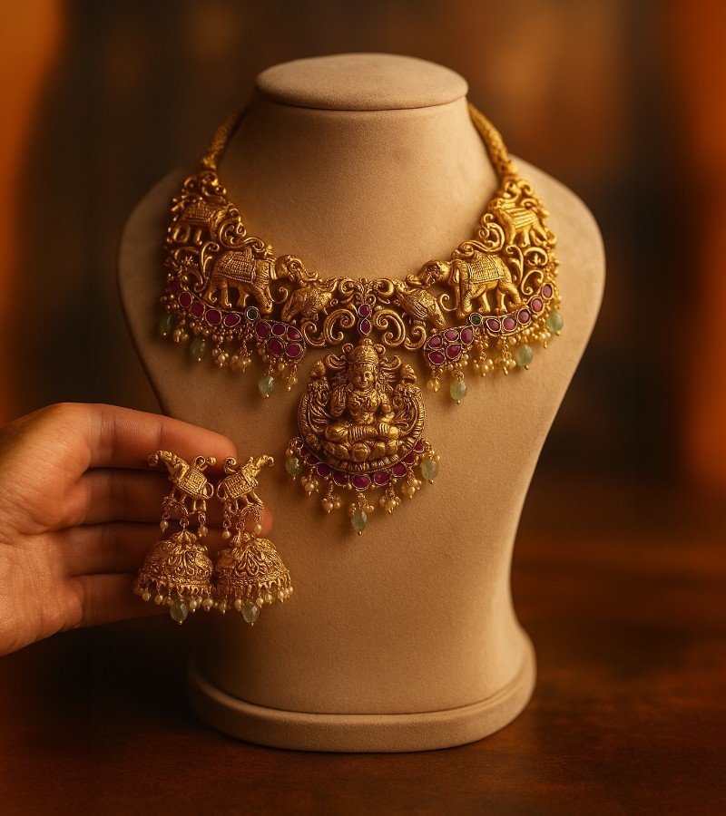 Temple Necklace with Kempu Stones -Pastel Green Beads image 1