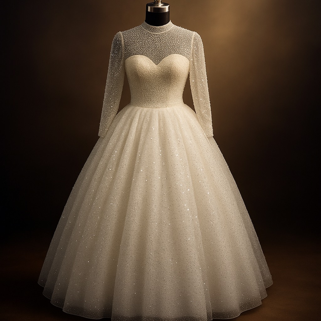 Pearl work high neck wedding ball Gown