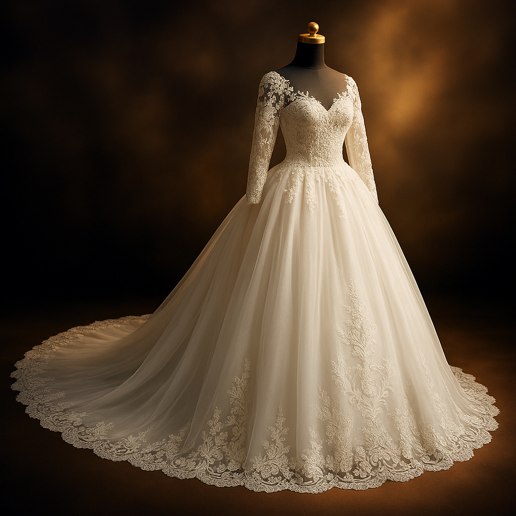 Premium long tail boat neck wedding Gown image 1