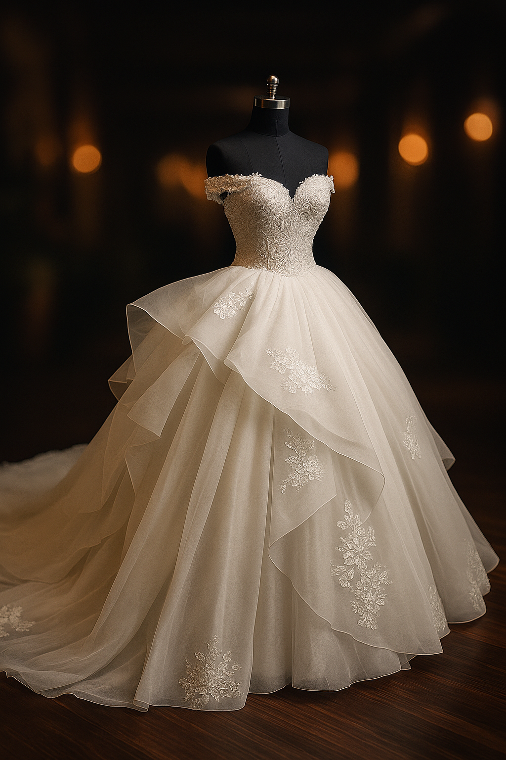 premium off shoulder long tail wedding Gown image 1