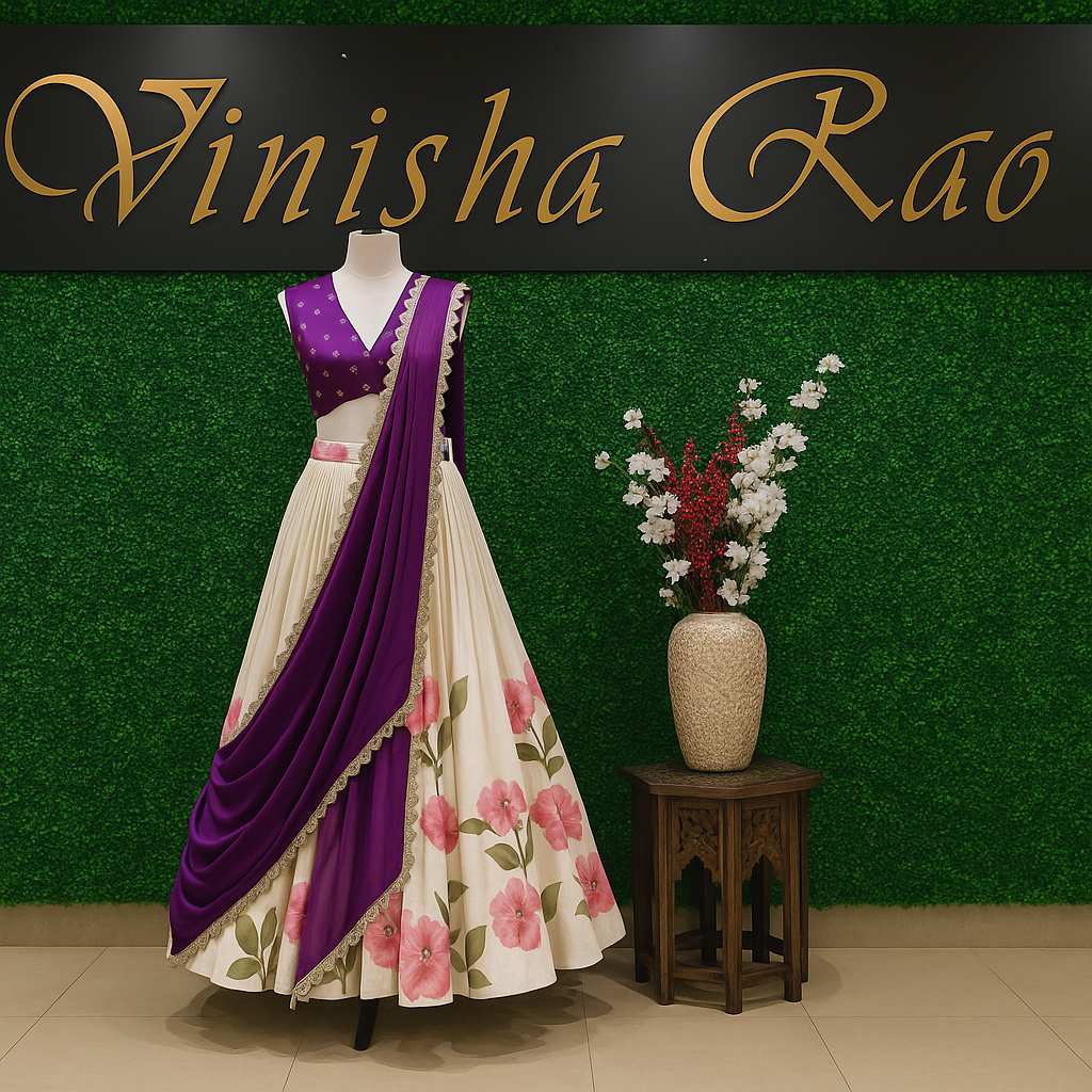 Cream and purple lehenga set image 1