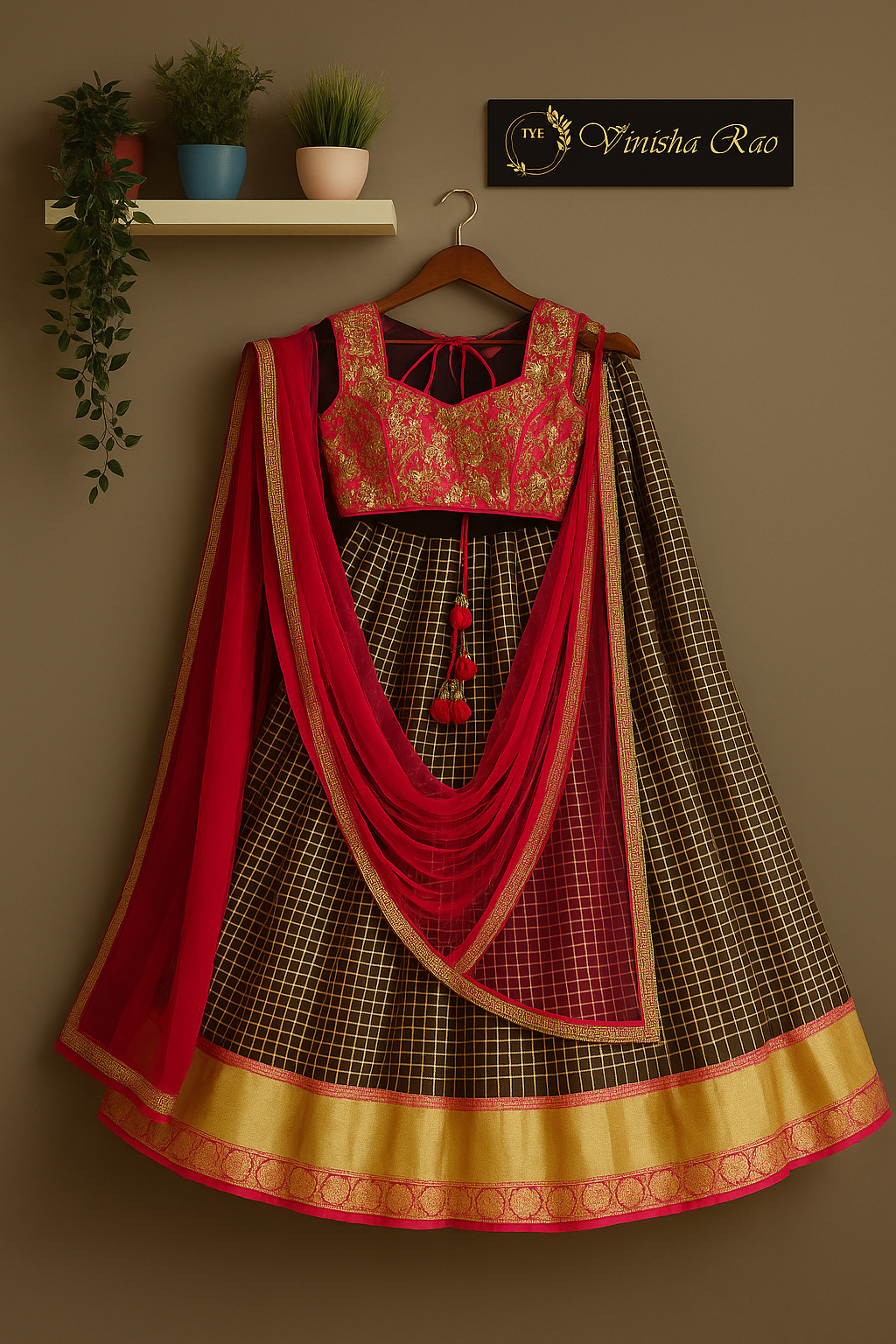 Zari Checks Banarasi Brown Colour Lehenga image 1