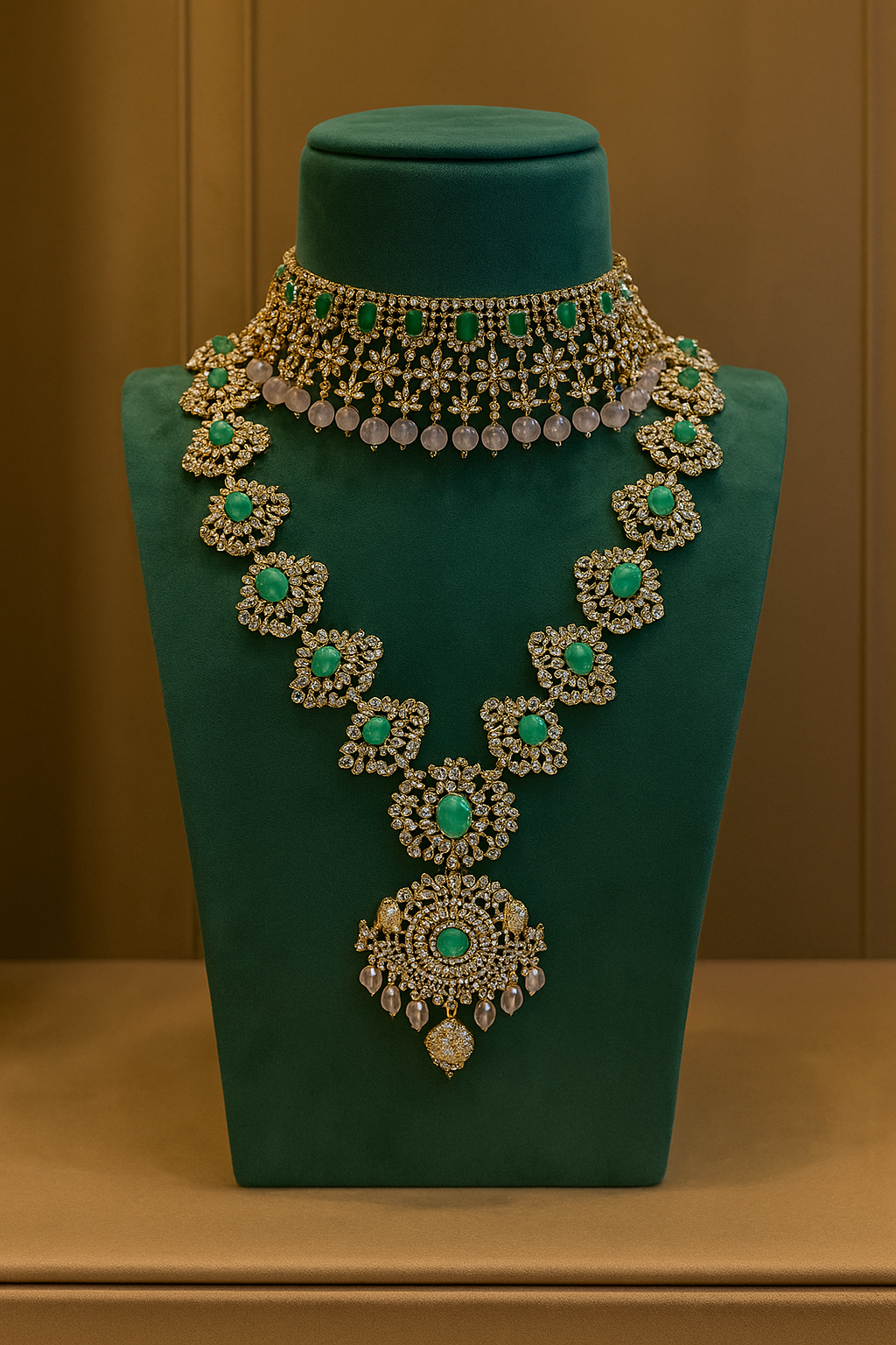Green Emerald Premium Gold Plated Polki Kundan Necklace Set image 1