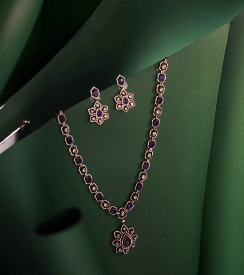 Sapphire and Diamond Silver Necklace Set image 1