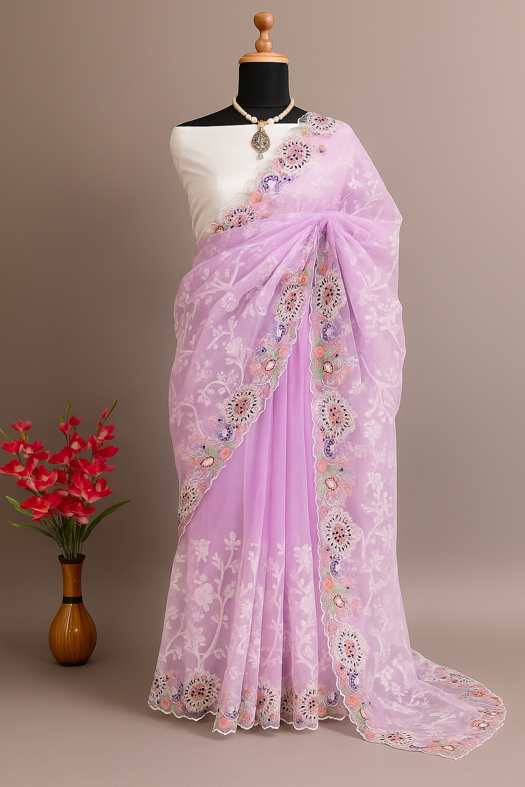 organza lucknavi embroidery designer saree image 1
