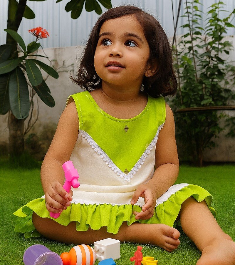 Cream and Parrot Green Sleeveless Dress image 1