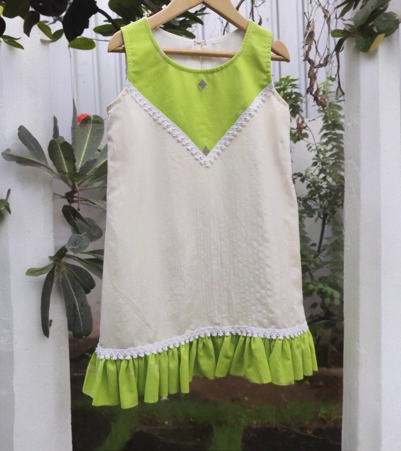 Cream and Parrot Green Sleeveless Dress image 3