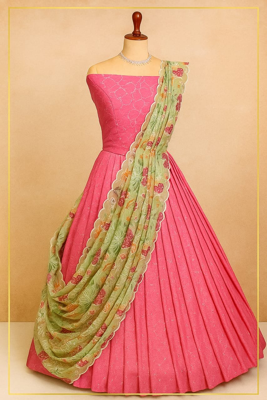 Pink Chinon Half Saree image 1