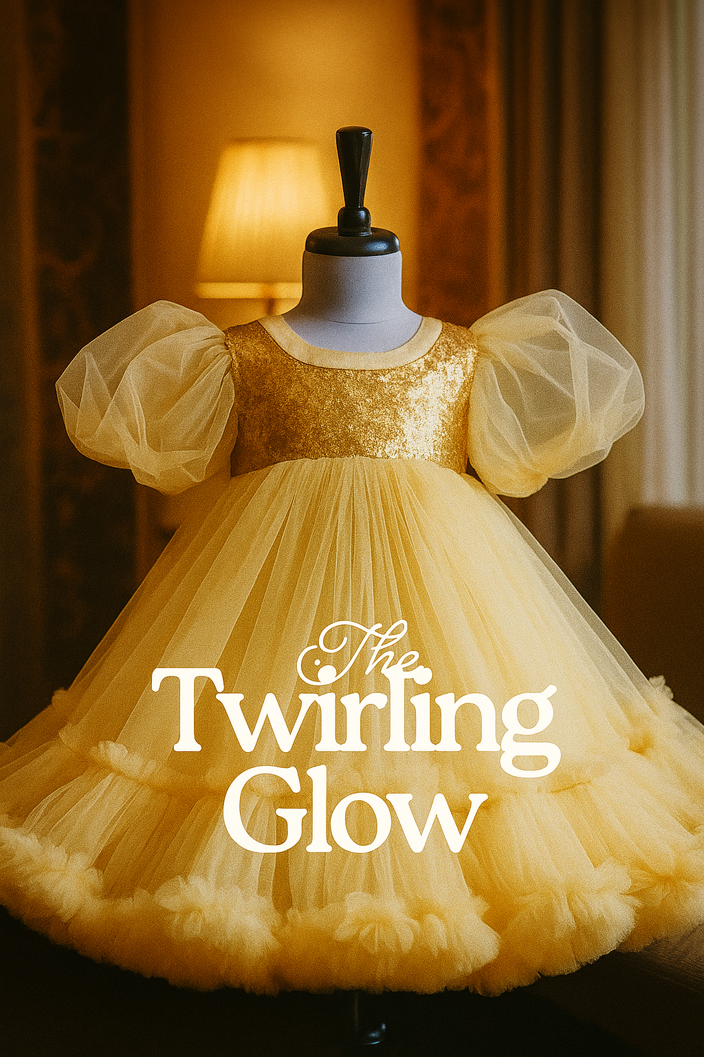 The Twirling Glow – Golden Tulle Party Gown image 1
