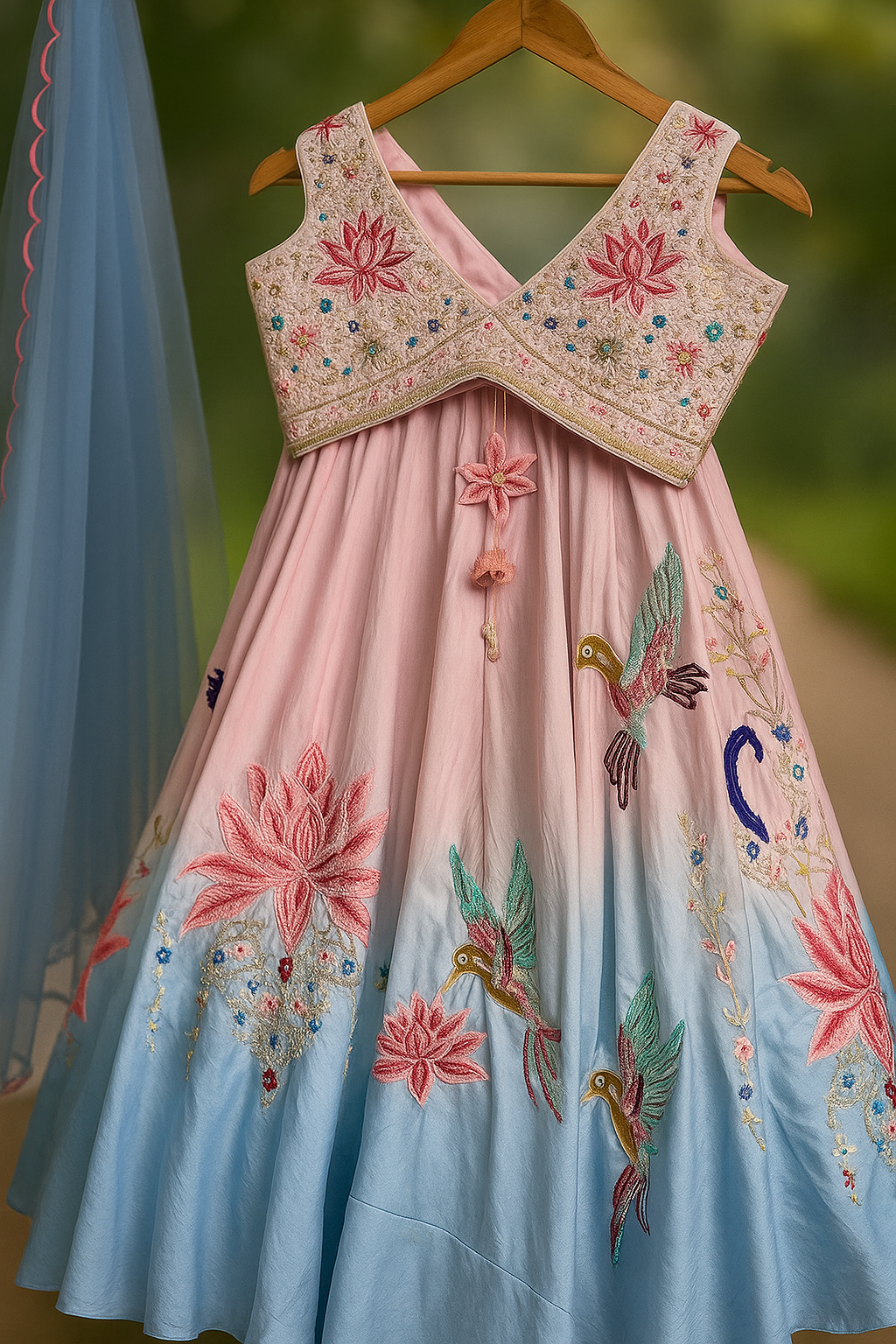 Pastel Pink &amp; Blue Embroidered Lehenga Set image 1