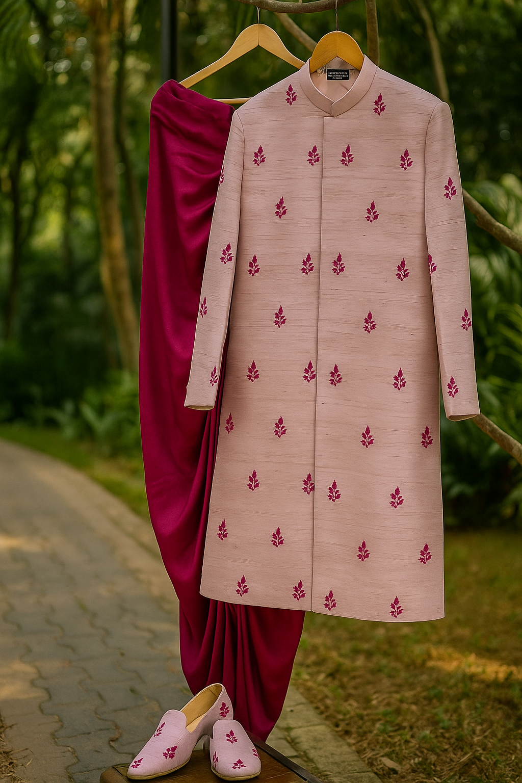 Pink Embroidered Kurta Set with Dhoti &amp; Juttis image 1