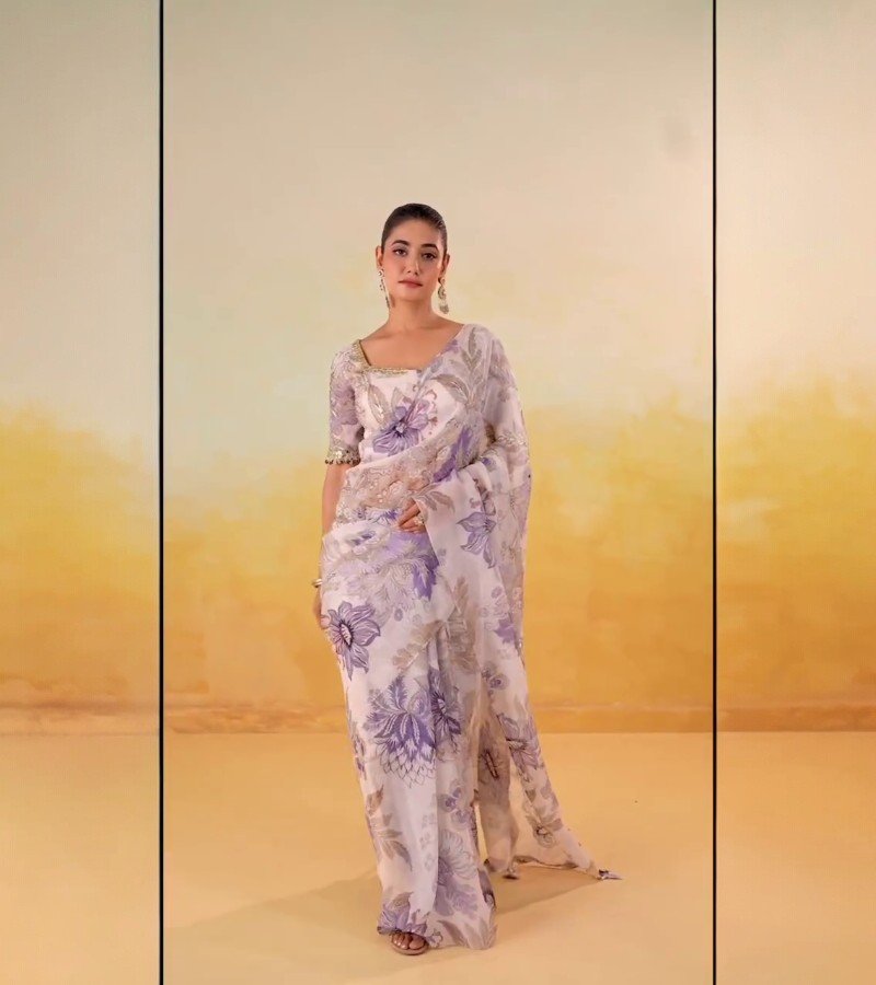 Floral Printed Organza Saree image 1