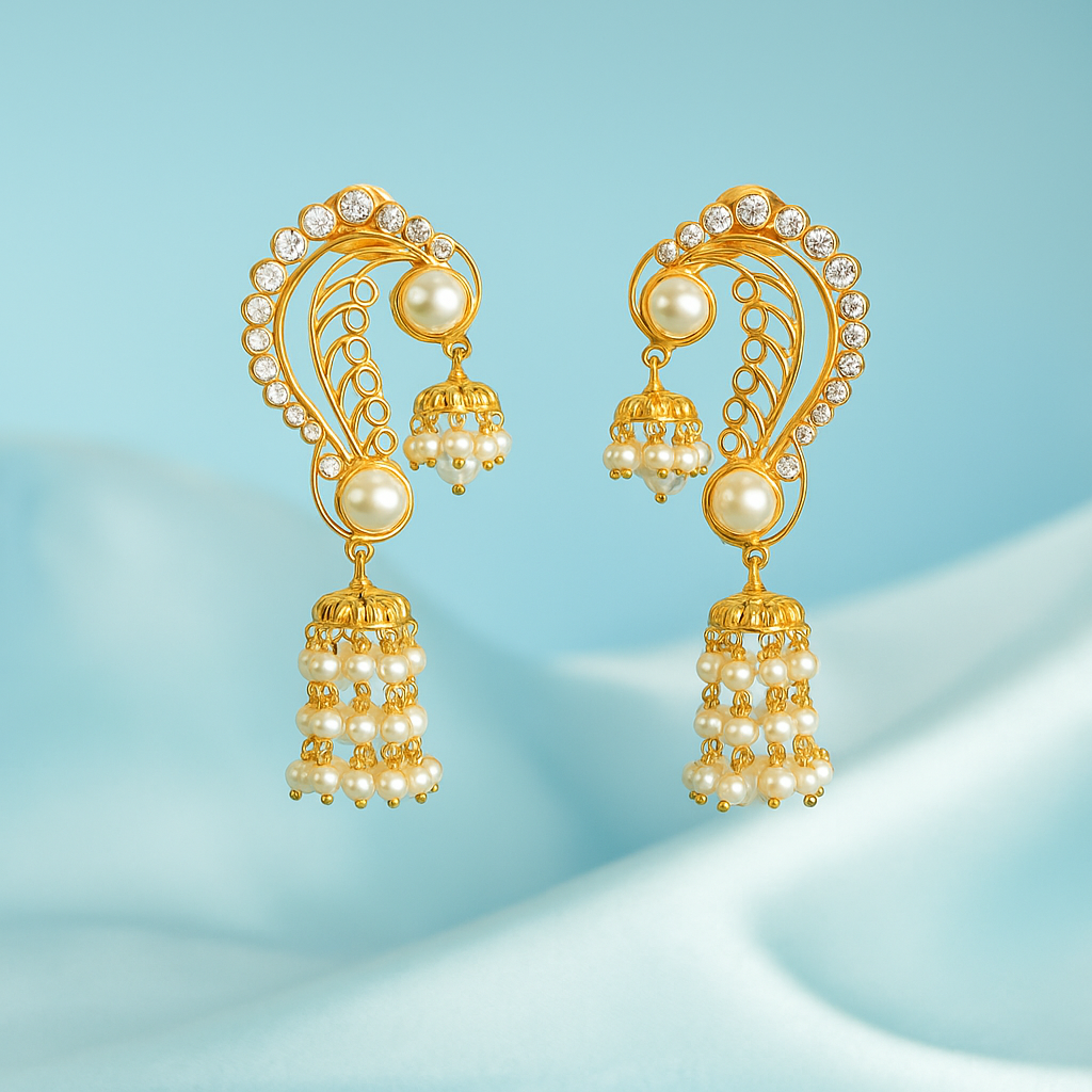 Curved Pearl &amp; CZ Jhumka Earrings image 1