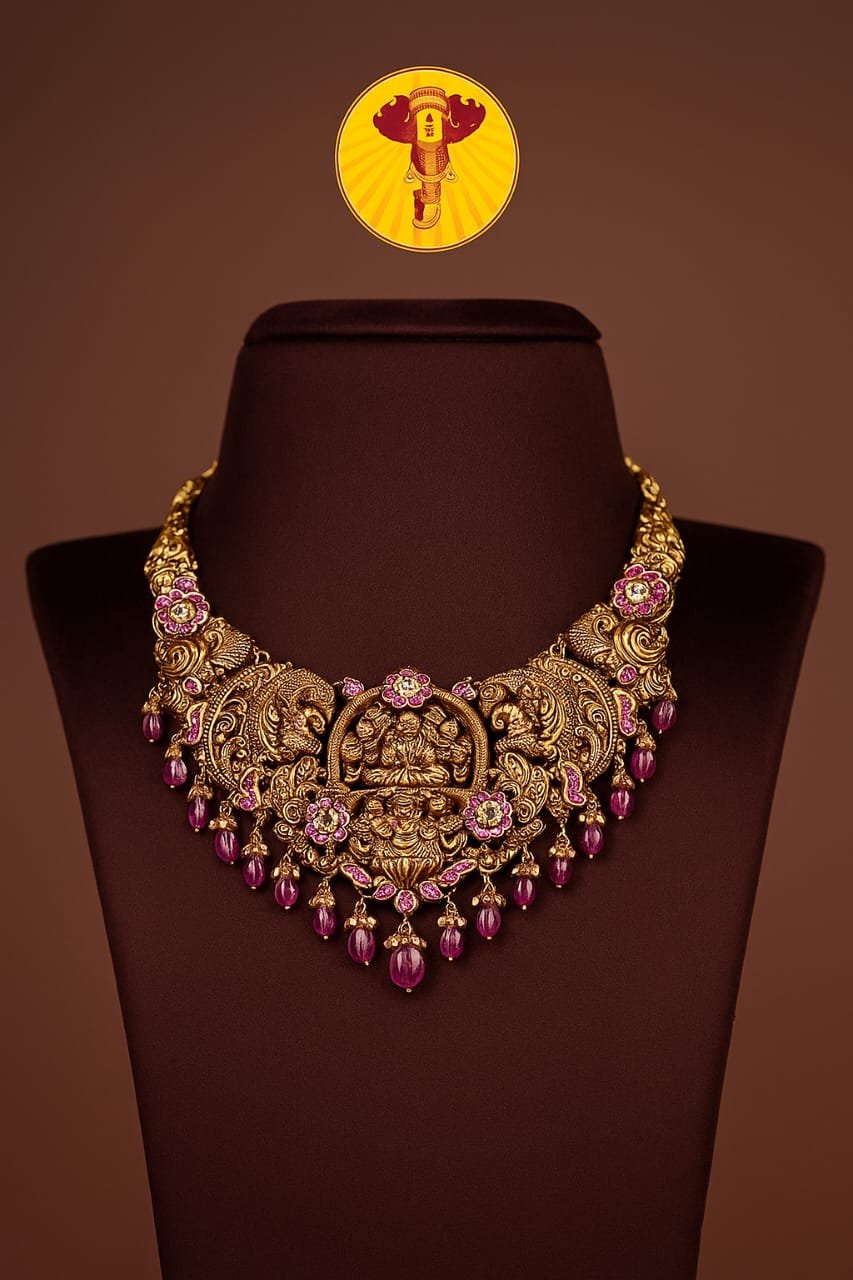 Antique Temple Lakshmi Gold Necklace with Ruby Beads image 1