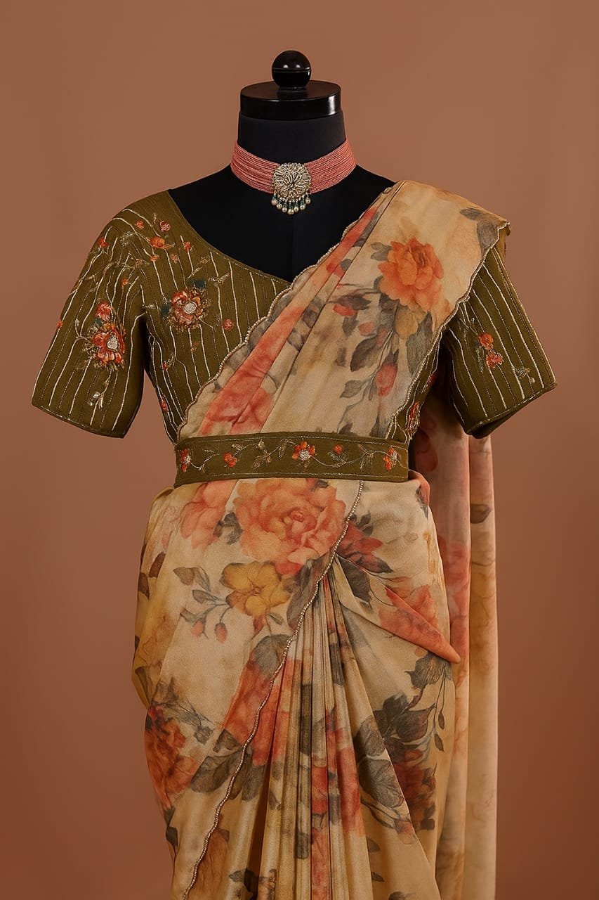 Sage Petal Georgette Floral Saree image 1