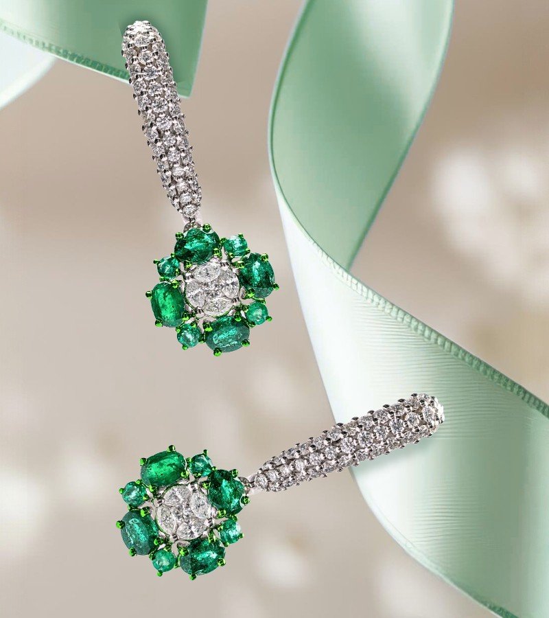 Lotus Motif Earrings with Emerald image 1