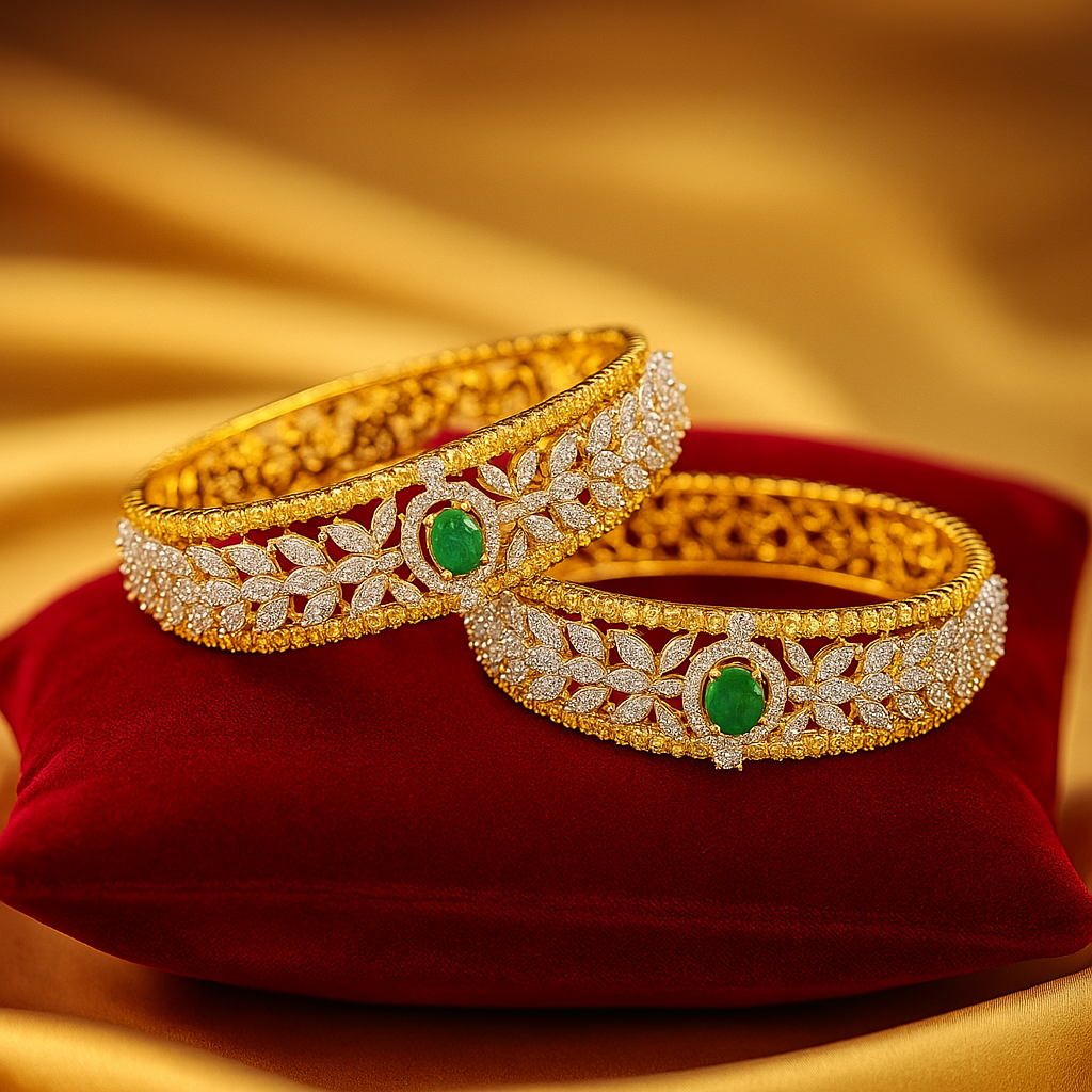 Emerald Radiance Diamond-Cut Gold Bangles image 1