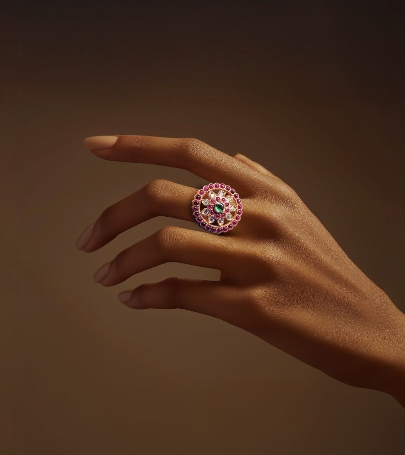 Green Kempo Peacock Motif Adjustable Finger Ring image 1