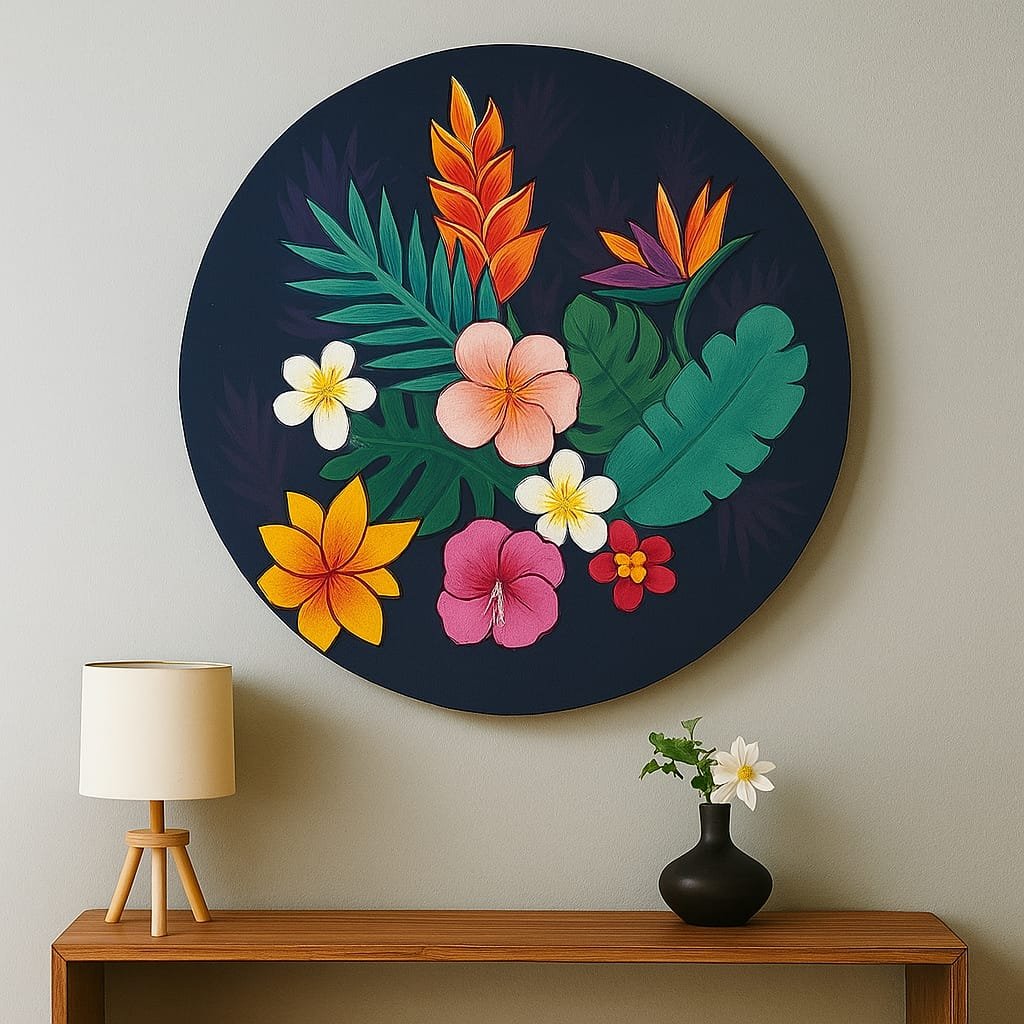 Tropical Floral HandPainted Round Wall Art image 1