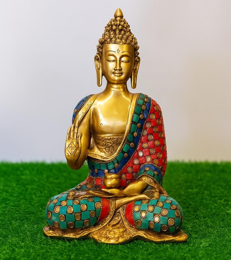 Decorative Brass Buddha Idol with Turquoise  Red Inlay image 1
