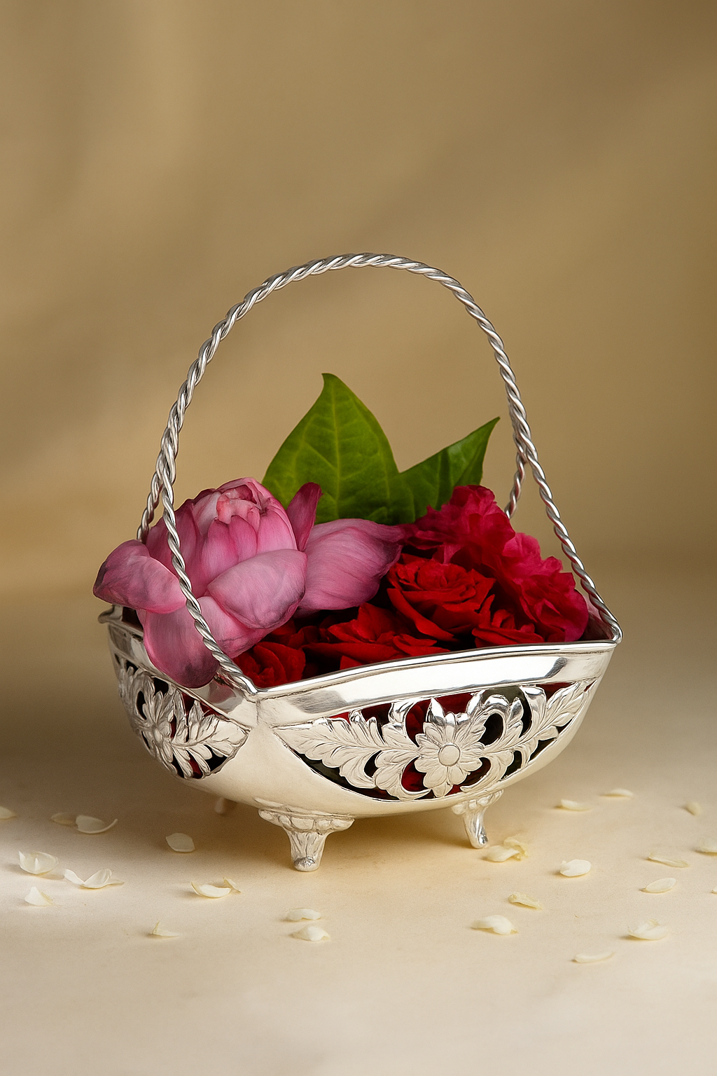 Elegant Floral Carved Silver Basket image 1