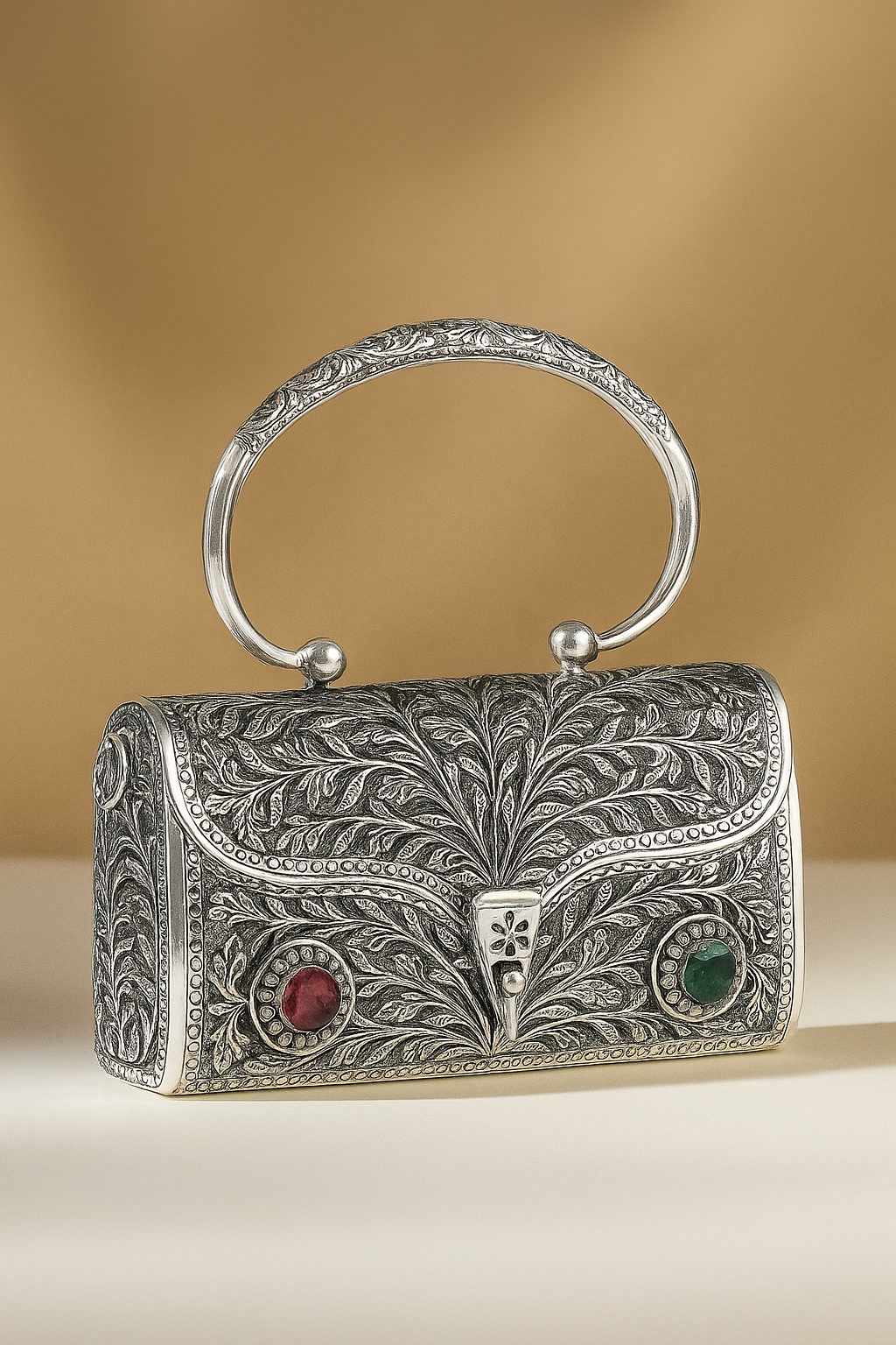 Royal Handcrafted Silver Clutch with Gemstone Inlay image 1