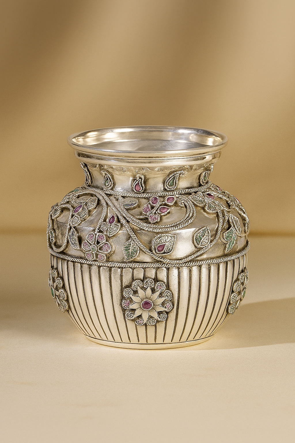 Floral Gemstone Silver Kalash Vase image 1