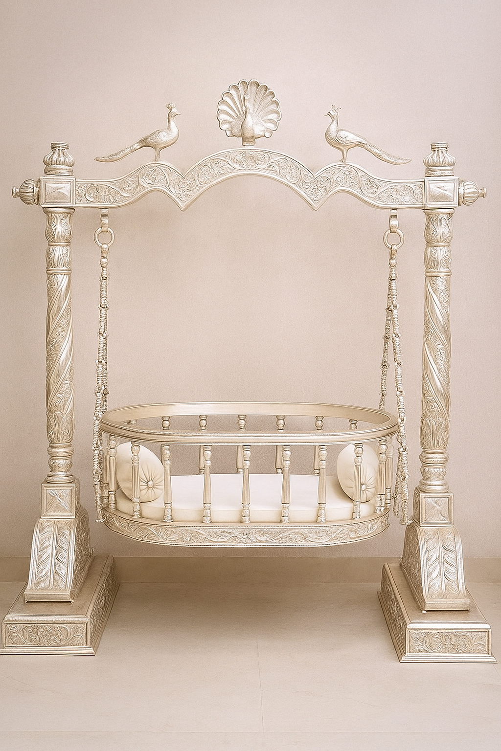 Royal Silver Baby Cradle Swing with Peacock Finials image 1