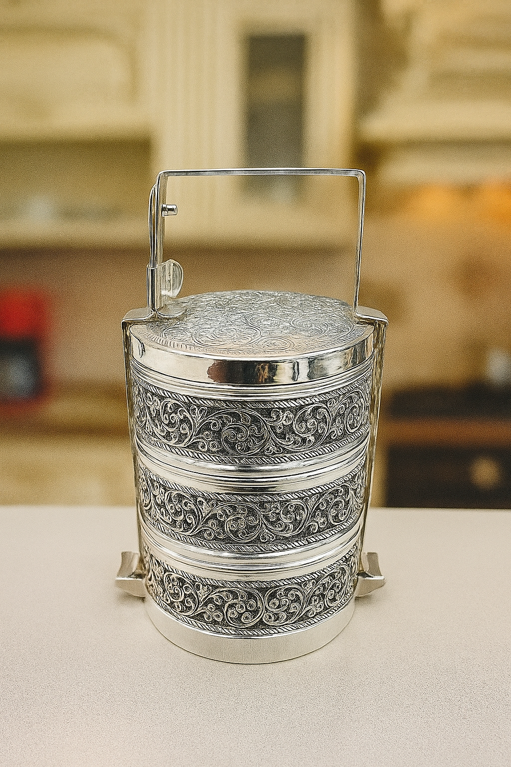 Royal Engraved Silver Tiffin Box (3-Tier) image 1