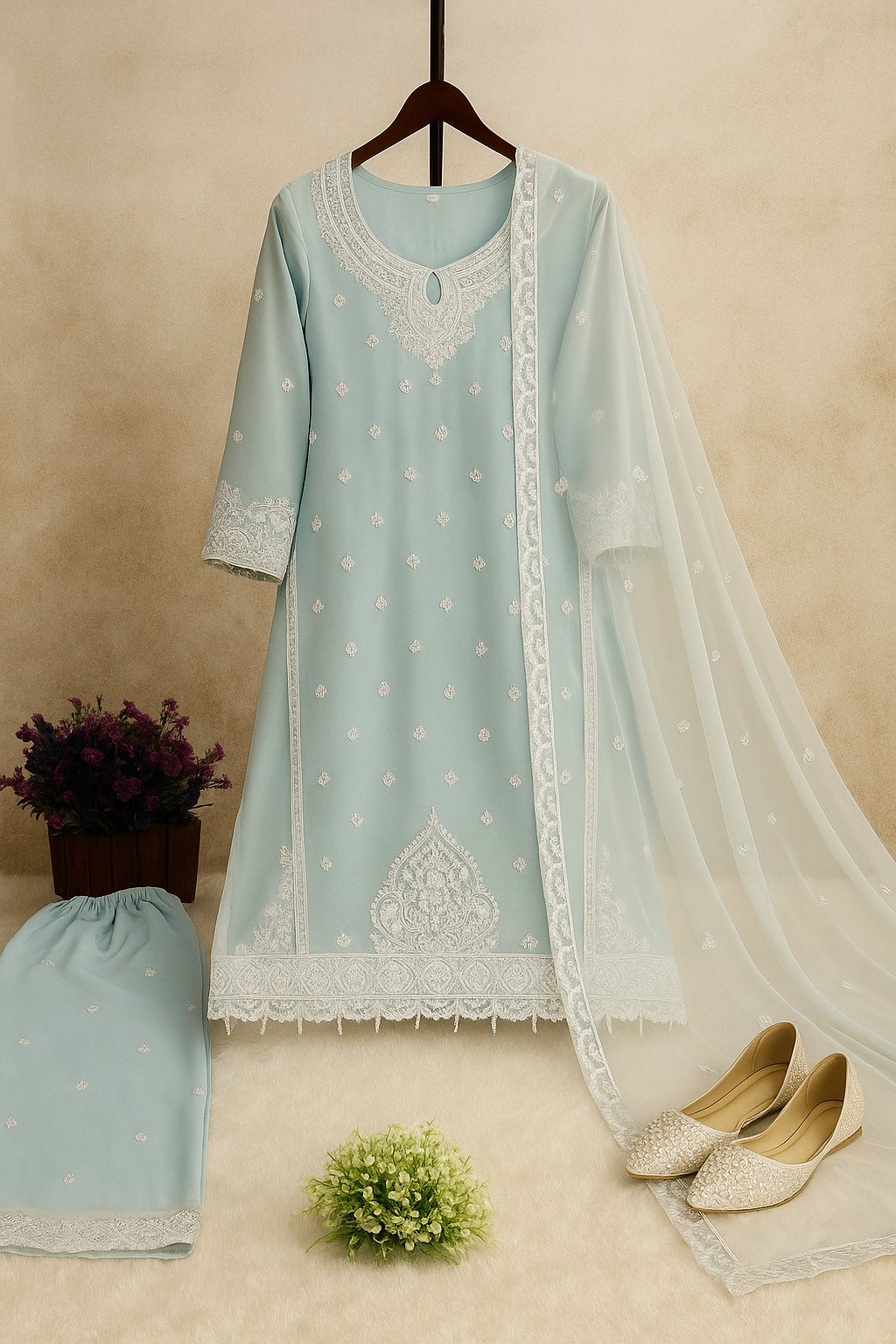 Sky Charm Embroidered Organza Suit image 1