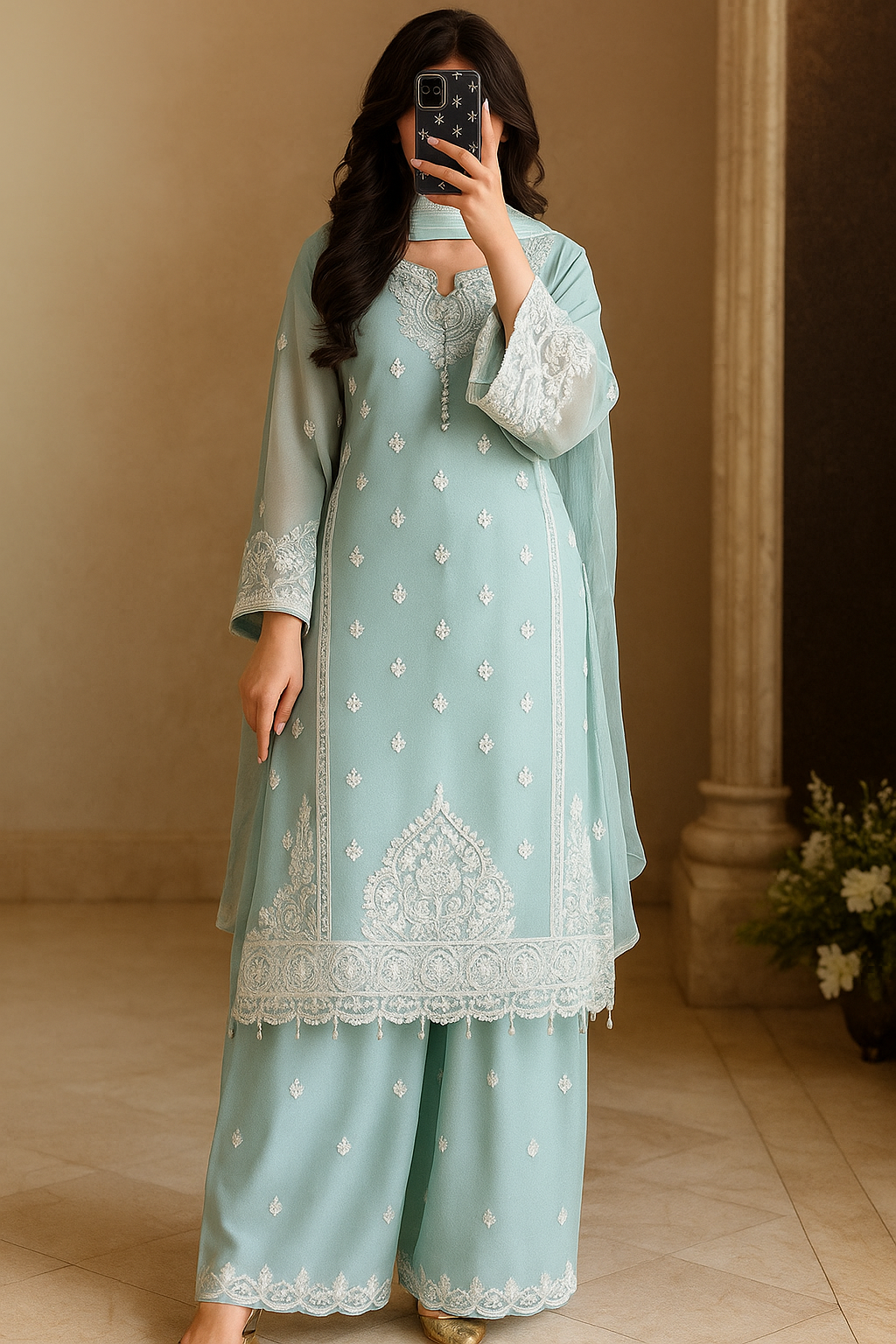 Sky Charm Embroidered Organza Suit image 2