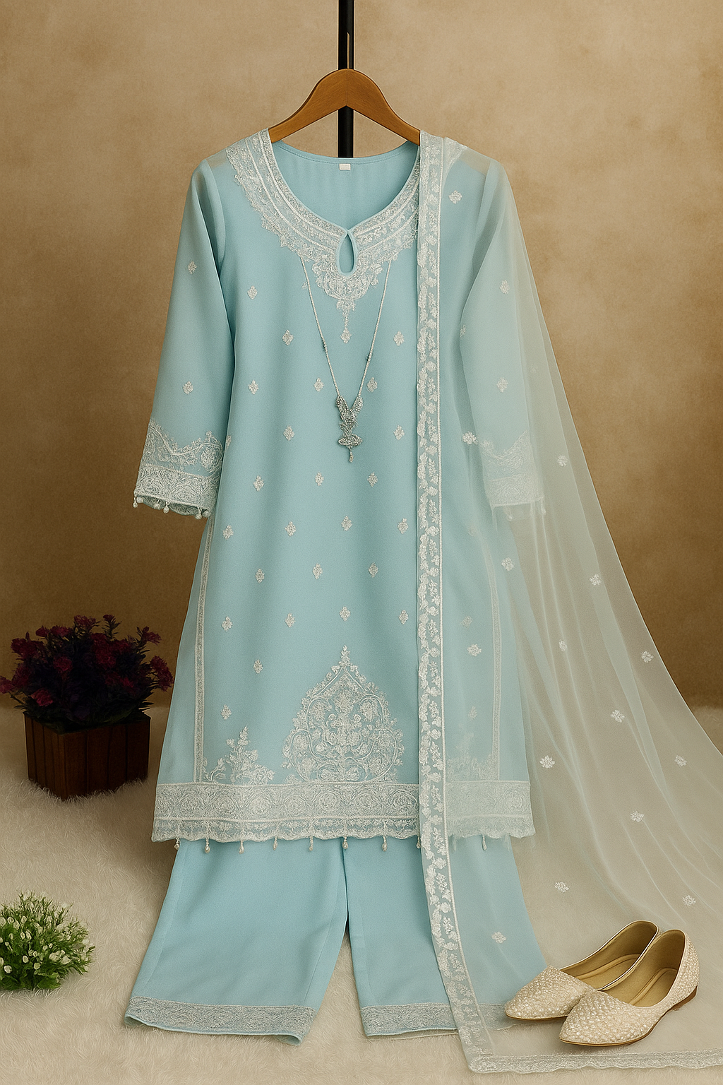Sky Charm Embroidered Organza Suit image 4
