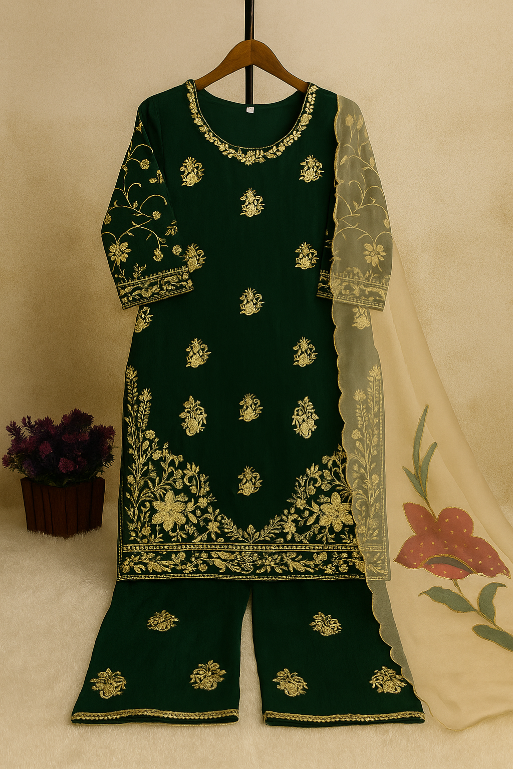 Emerald Blossom Embroidered Palazzo Set image 1