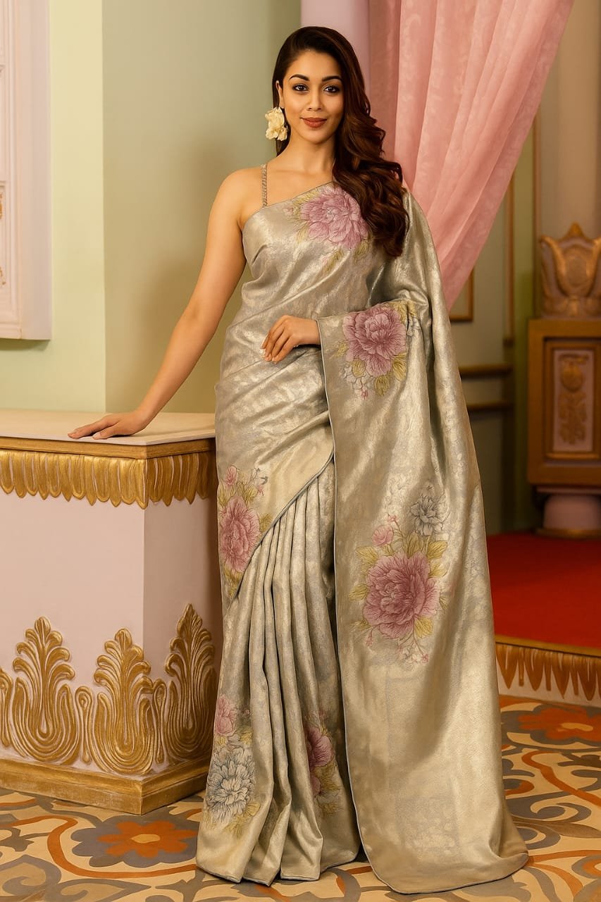 Ivory Bloom Satin Silk Saree image 3