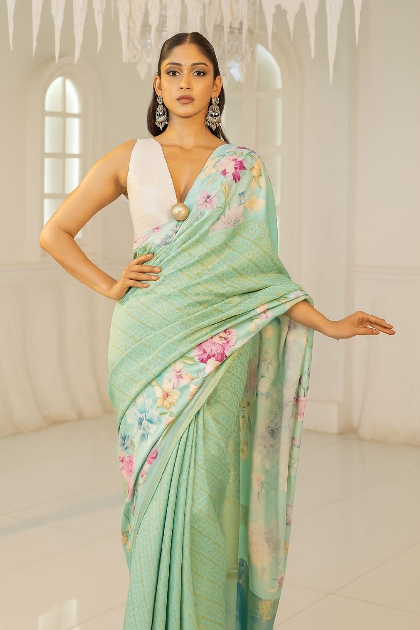 Mint Whisper Floral Georgette Saree image 1