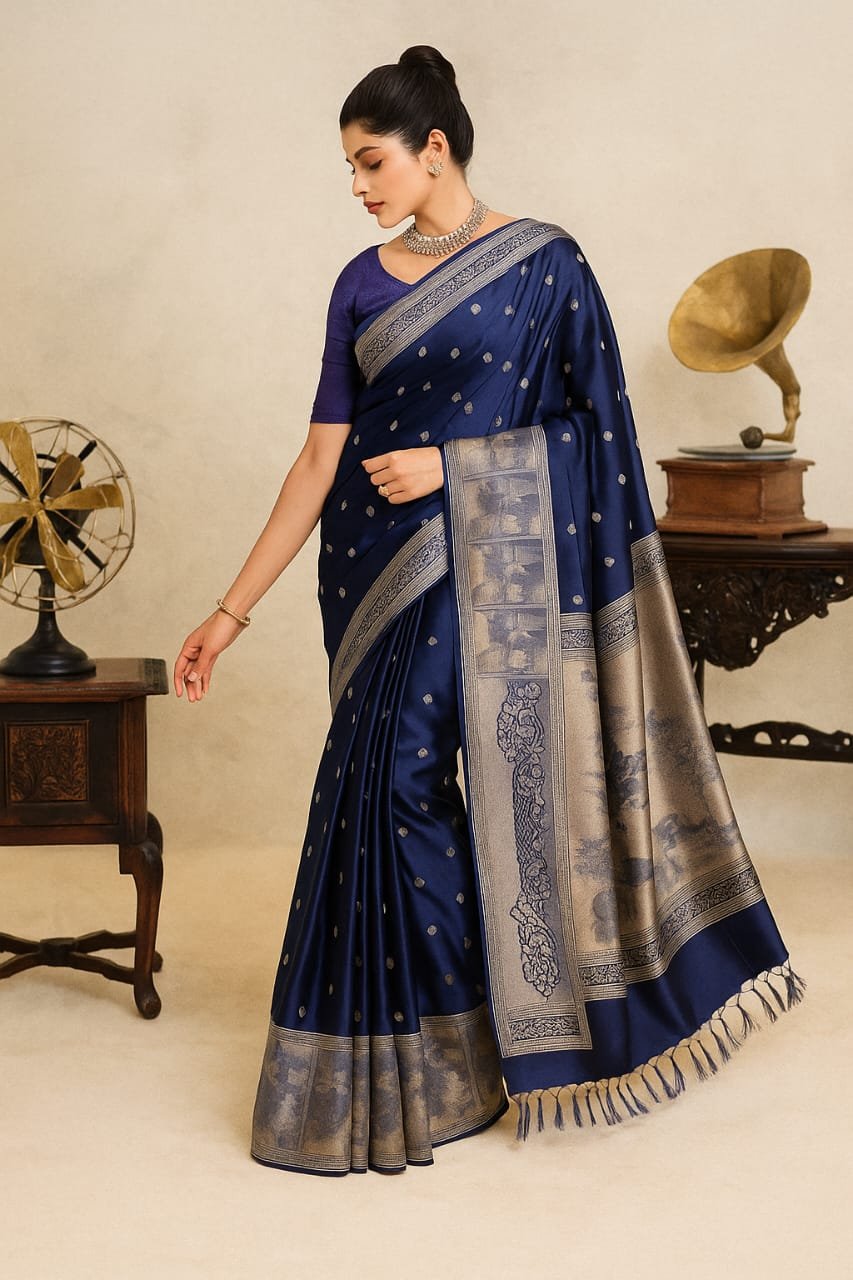Mandir Royal Blue Banarasi Silk Saree image 1