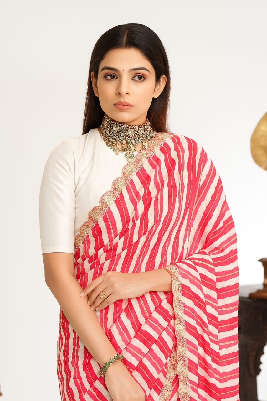 Mandir Pink &amp; White Leheriya Georgette Saree image 2