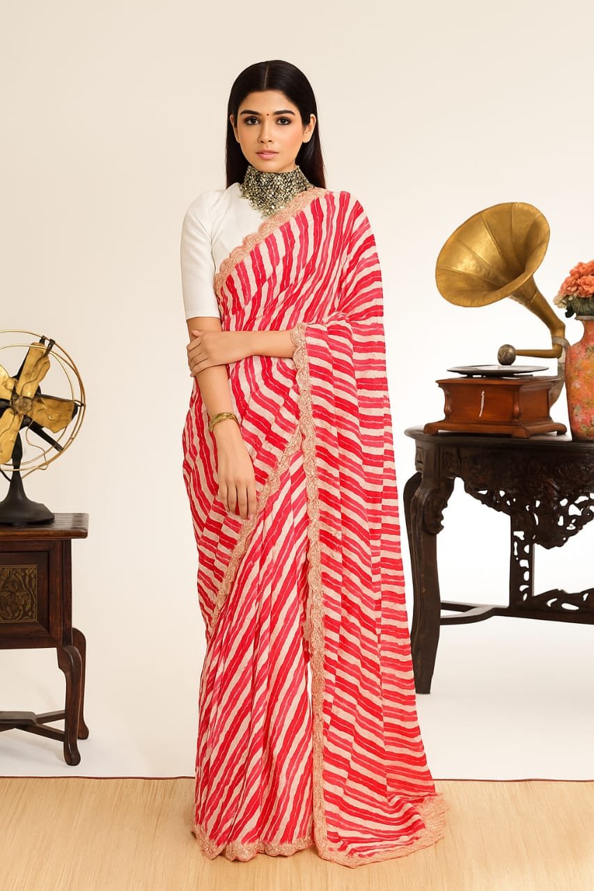 Mandir Pink &amp; White Leheriya Georgette Saree image 3