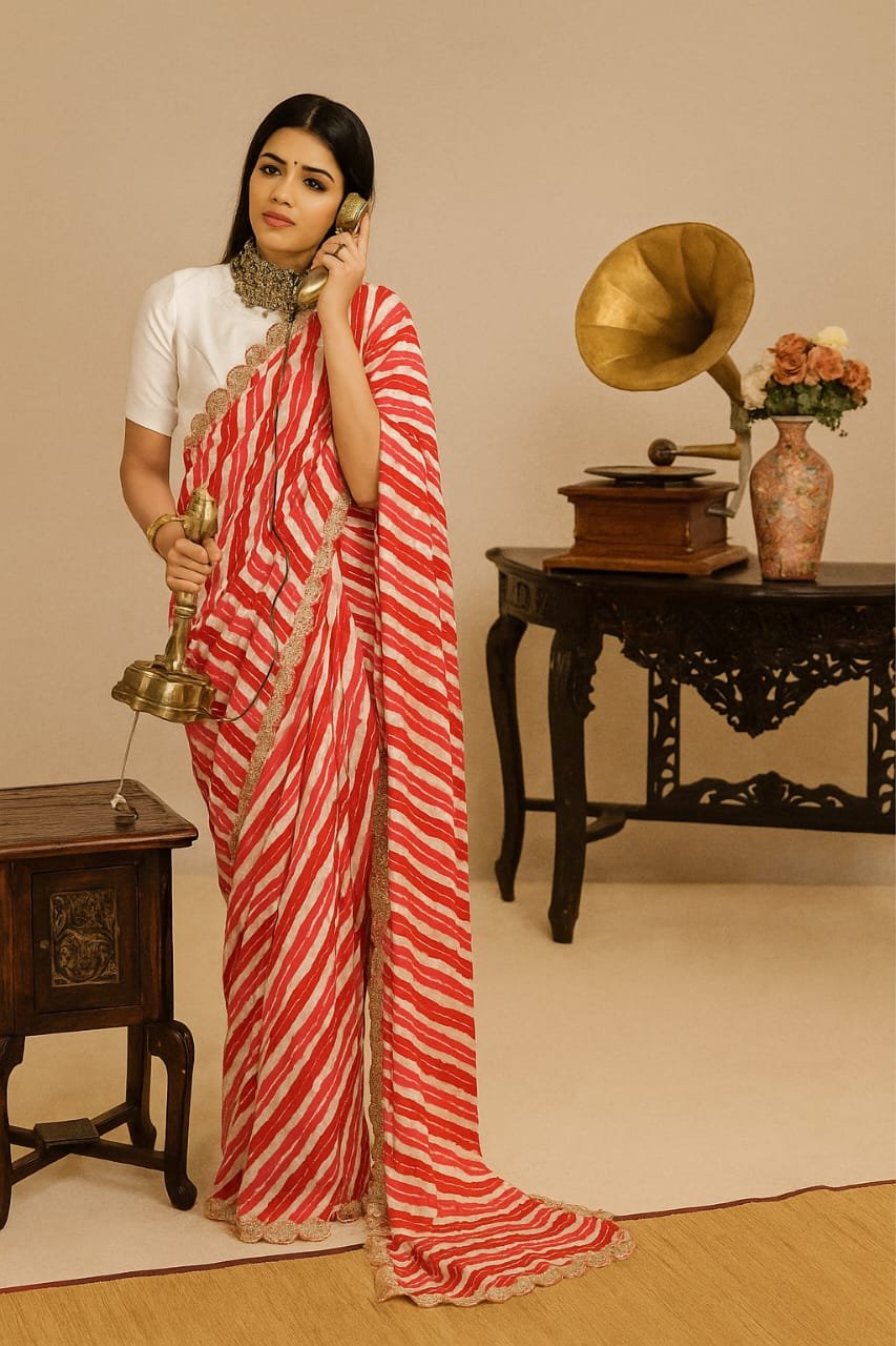 Mandir Pink &amp; White Leheriya Georgette Saree image 4