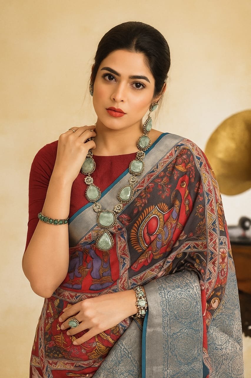 Mandir Kalamkari Art Silk Saree with Silver Border image 1