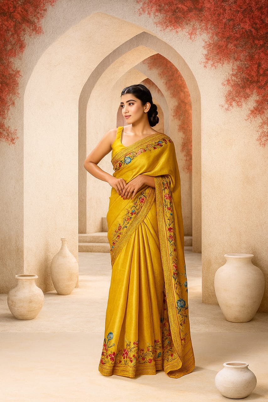 Mandir Mustard Yellow Floral Embroidered Silk Saree image 2