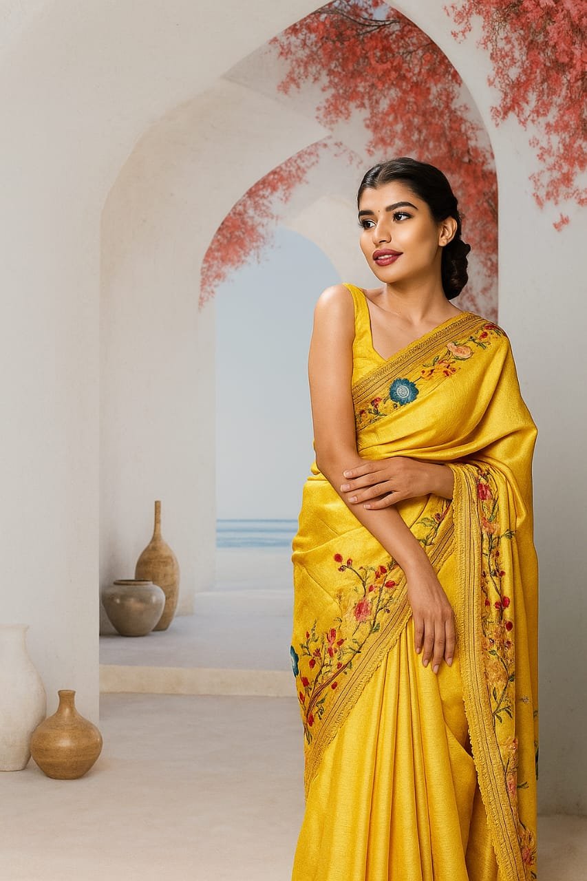 Mandir Mustard Yellow Floral Embroidered Silk Saree image 3