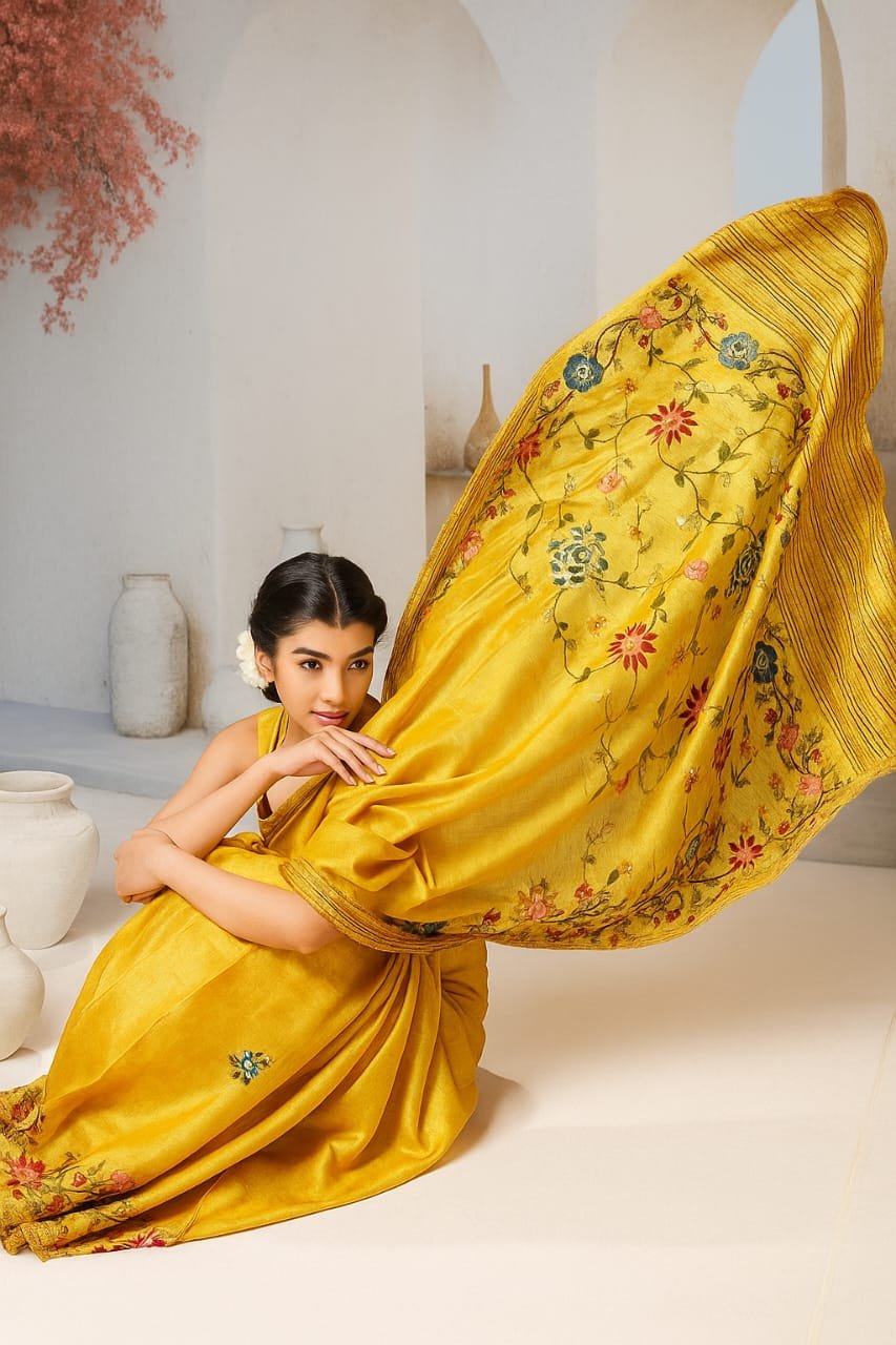 Mandir Mustard Yellow Floral Embroidered Silk Saree image 4