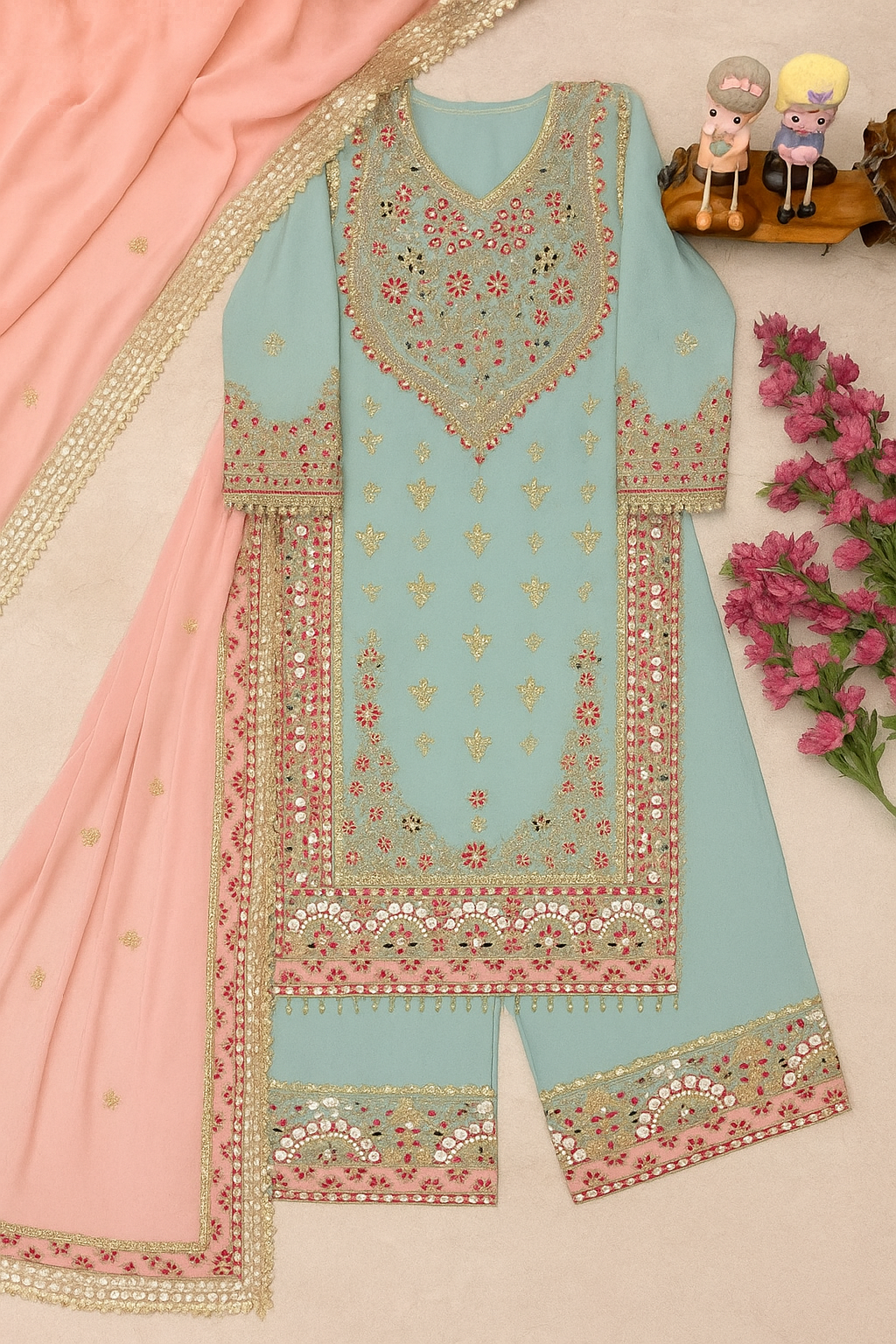 Gulnaz Sky Pink Embroidered Sharara Set image 1