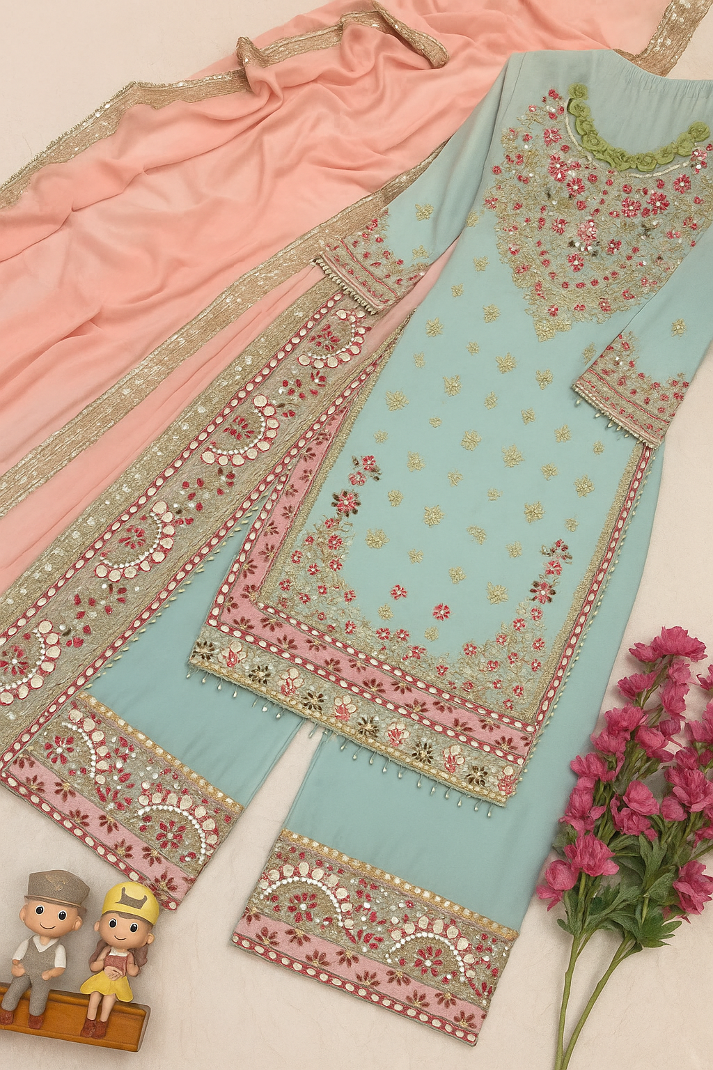 Gulnaz Sky Pink Embroidered Sharara Set image 2