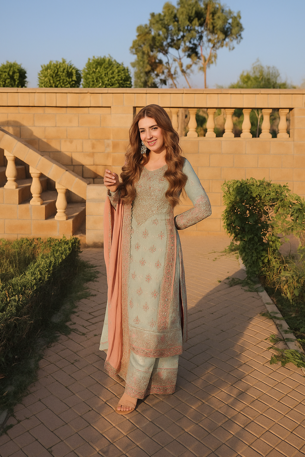 Gulnaz Sky Pink Embroidered Sharara Set image 4