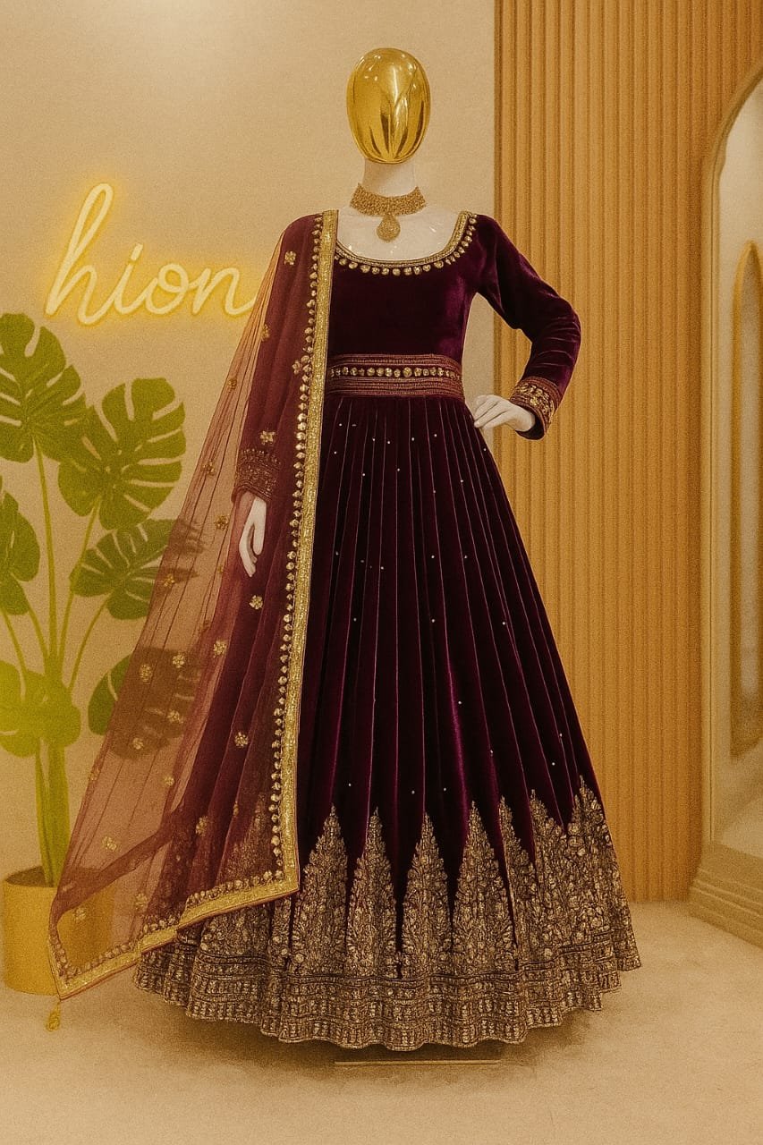Royal Plum Velvet Embroidered Anarkali Gown image 1