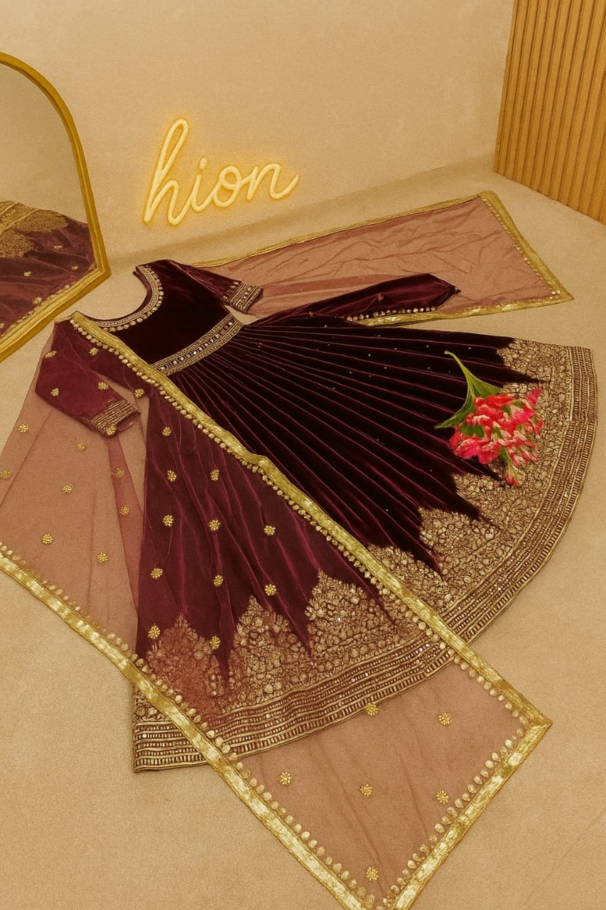 Royal Plum Velvet Embroidered Anarkali Gown image 2