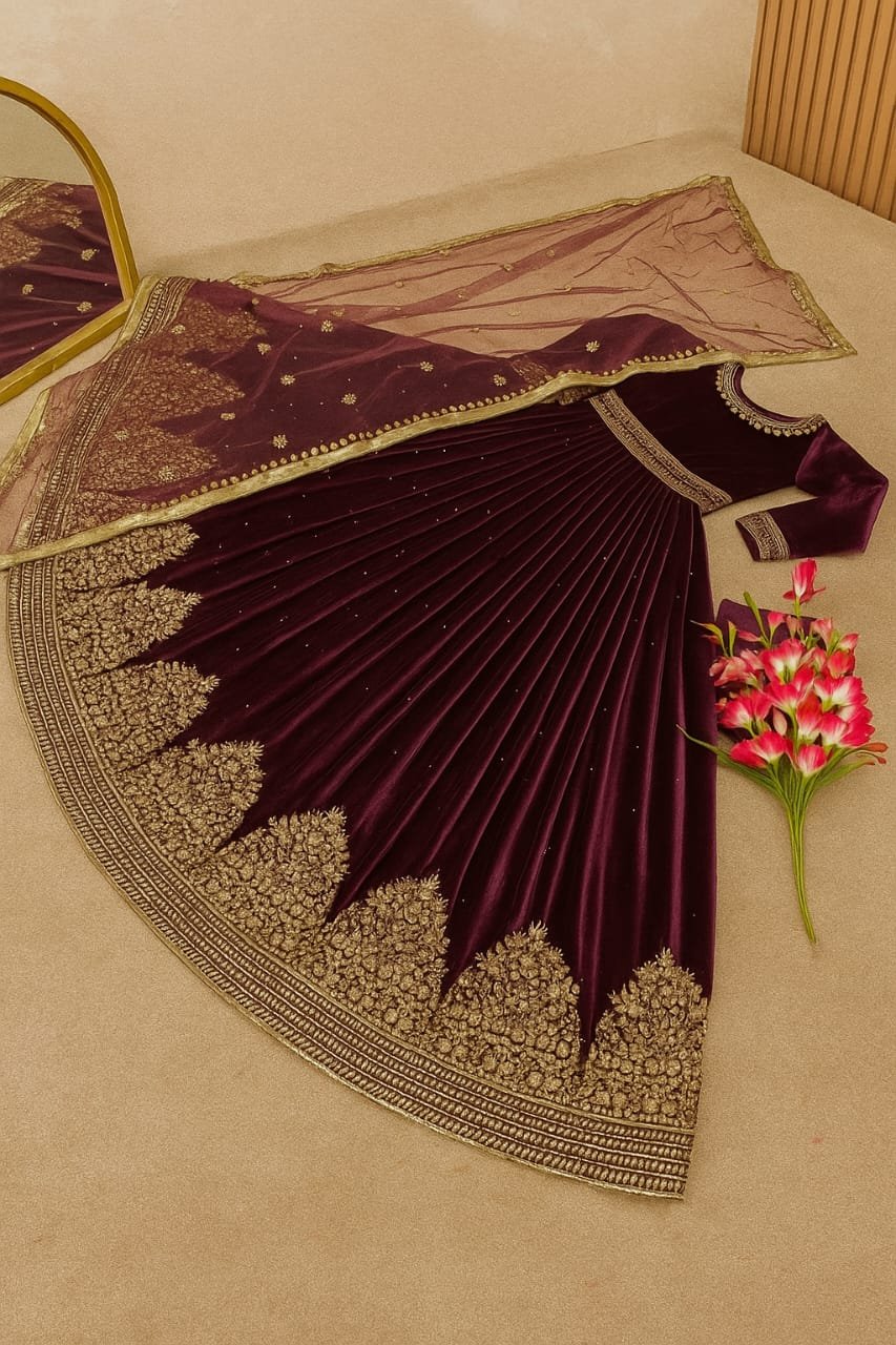 Royal Plum Velvet Embroidered Anarkali Gown image 3