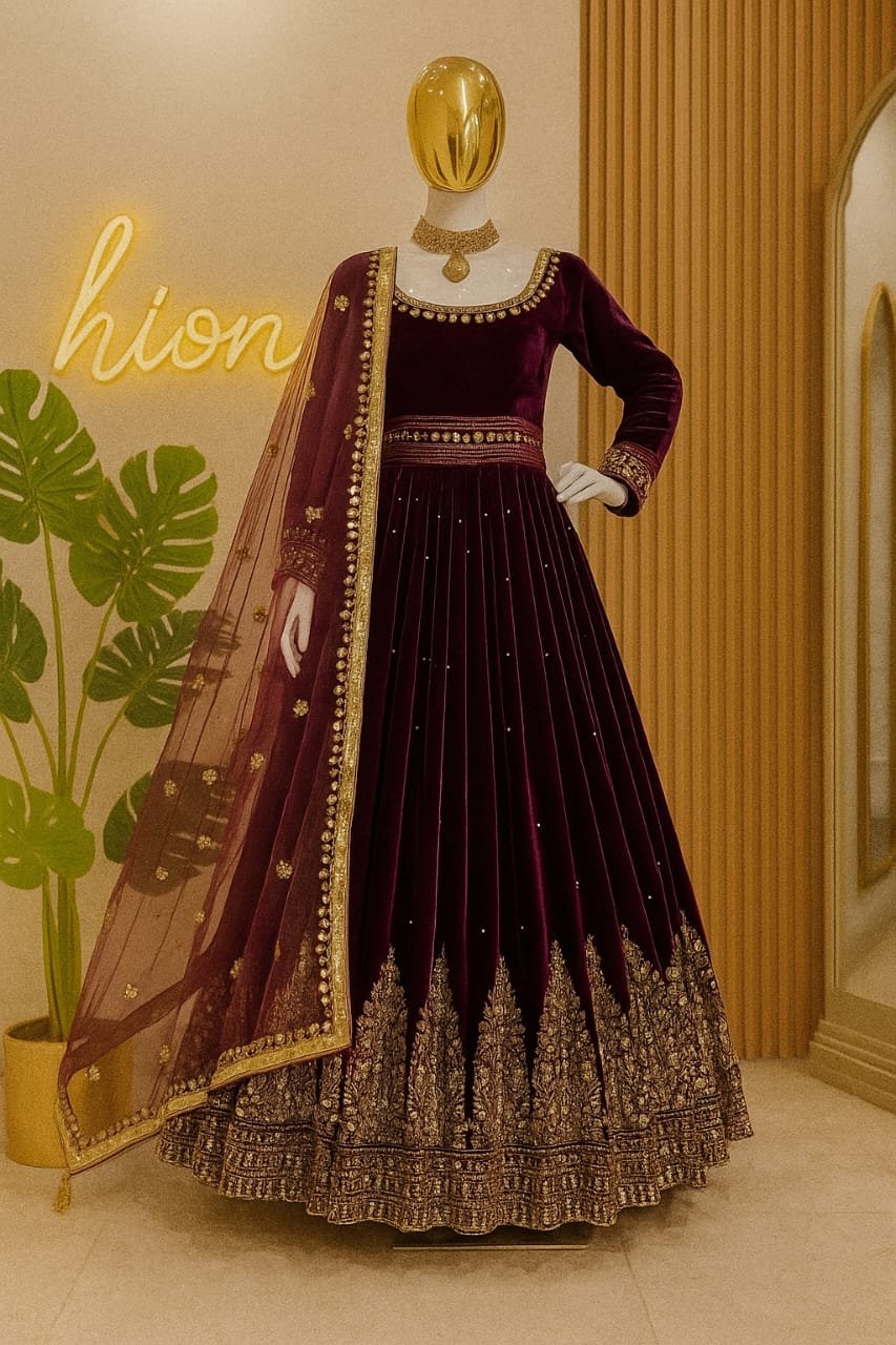 Royal Plum Velvet Embroidered Anarkali Gown image 4